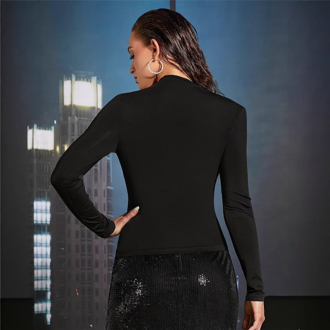 Asymmetric neckline pleated side long sleeve T-shirt 46