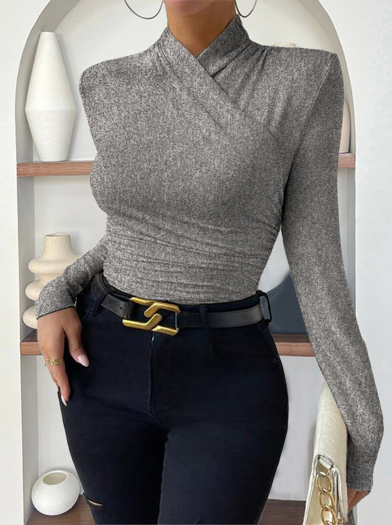 Cross collar slim fit versatile pleated T-shirt 44 02