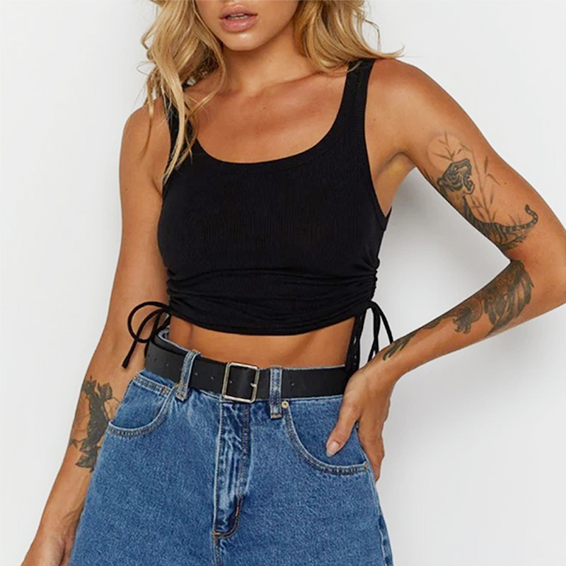 Gathered top ribbed drawstring slim fit tank top 1