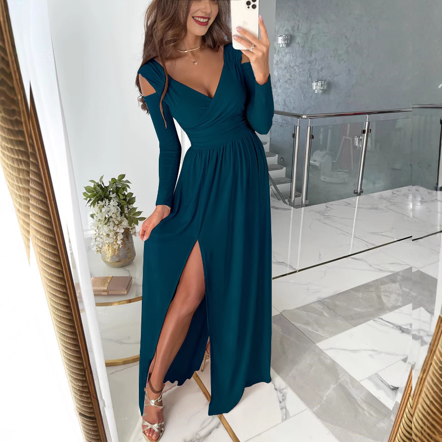 Long sleeve V-neck solid color slit hem dress 14