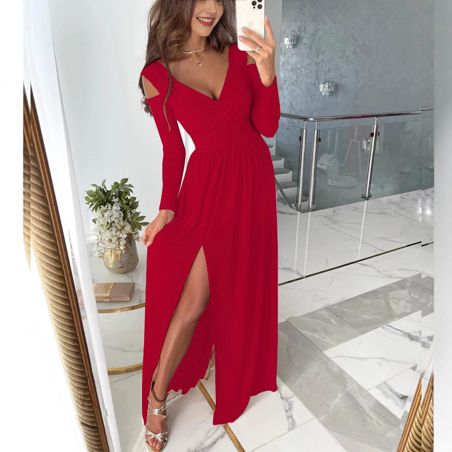 Long sleeve V-neck solid color slit hem dress 14