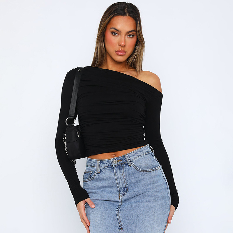 Solid color off-the-shoulder long-sleeved waist top 45